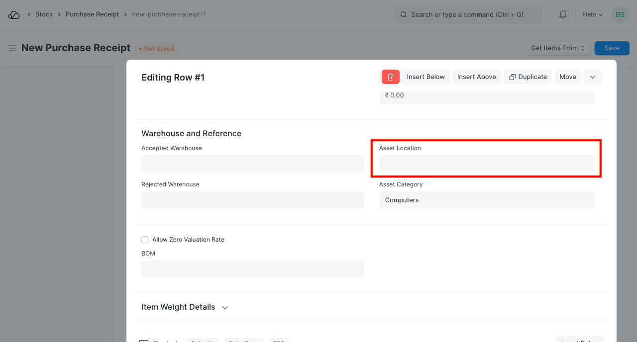 Asset Location in Purchase Receipt