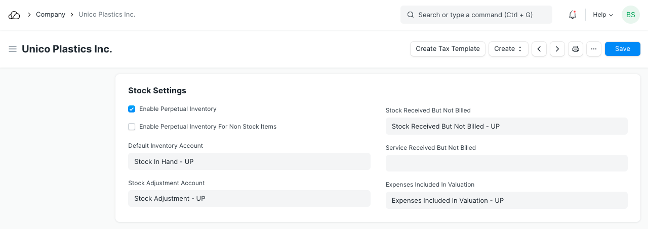 Stock Settings in Company