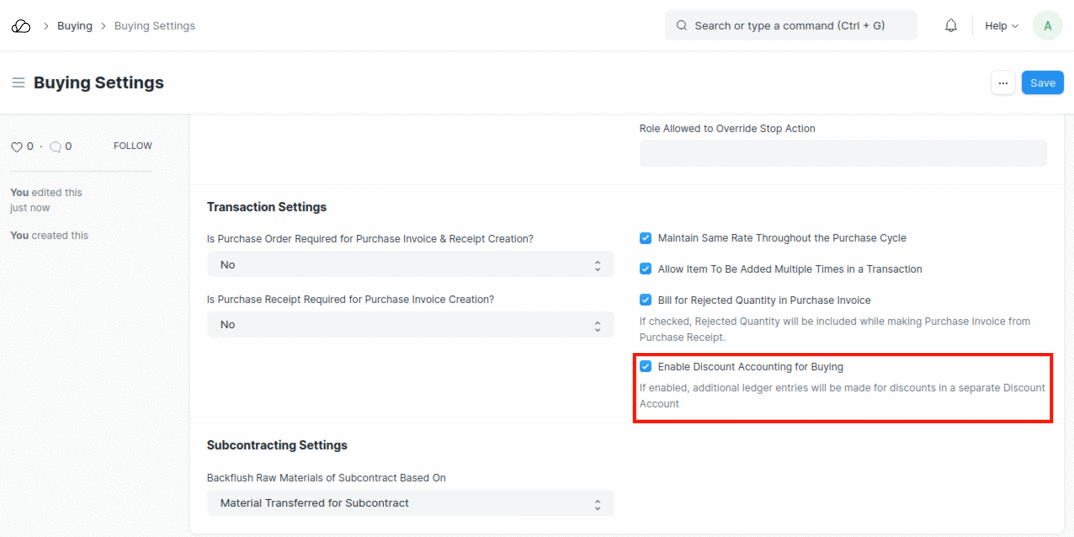 Enable Discount Accounting Buying checkbox