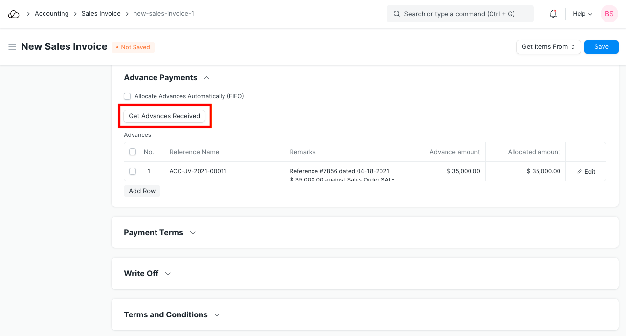 Fetch Advance Payments in Sales Invoice