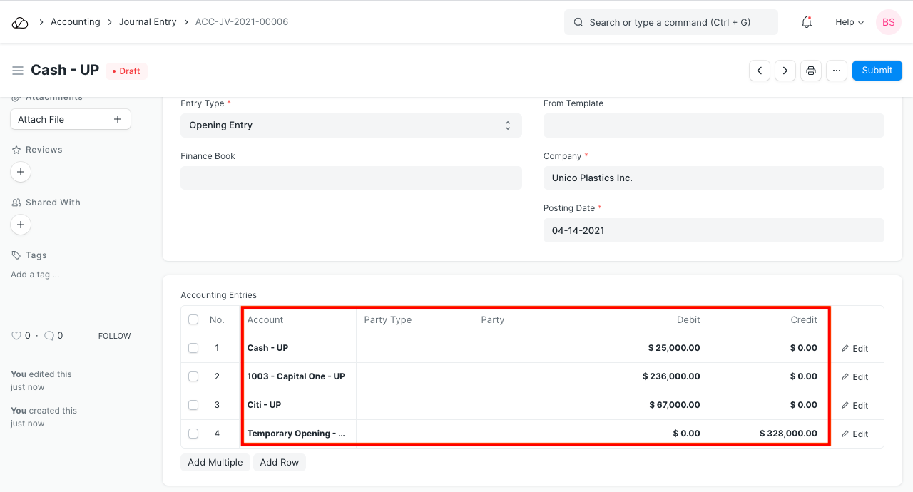 Opening Balance Current Assets