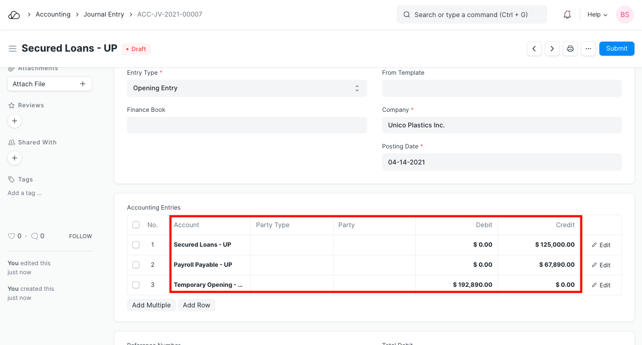 Opening Balance Current Liabilities