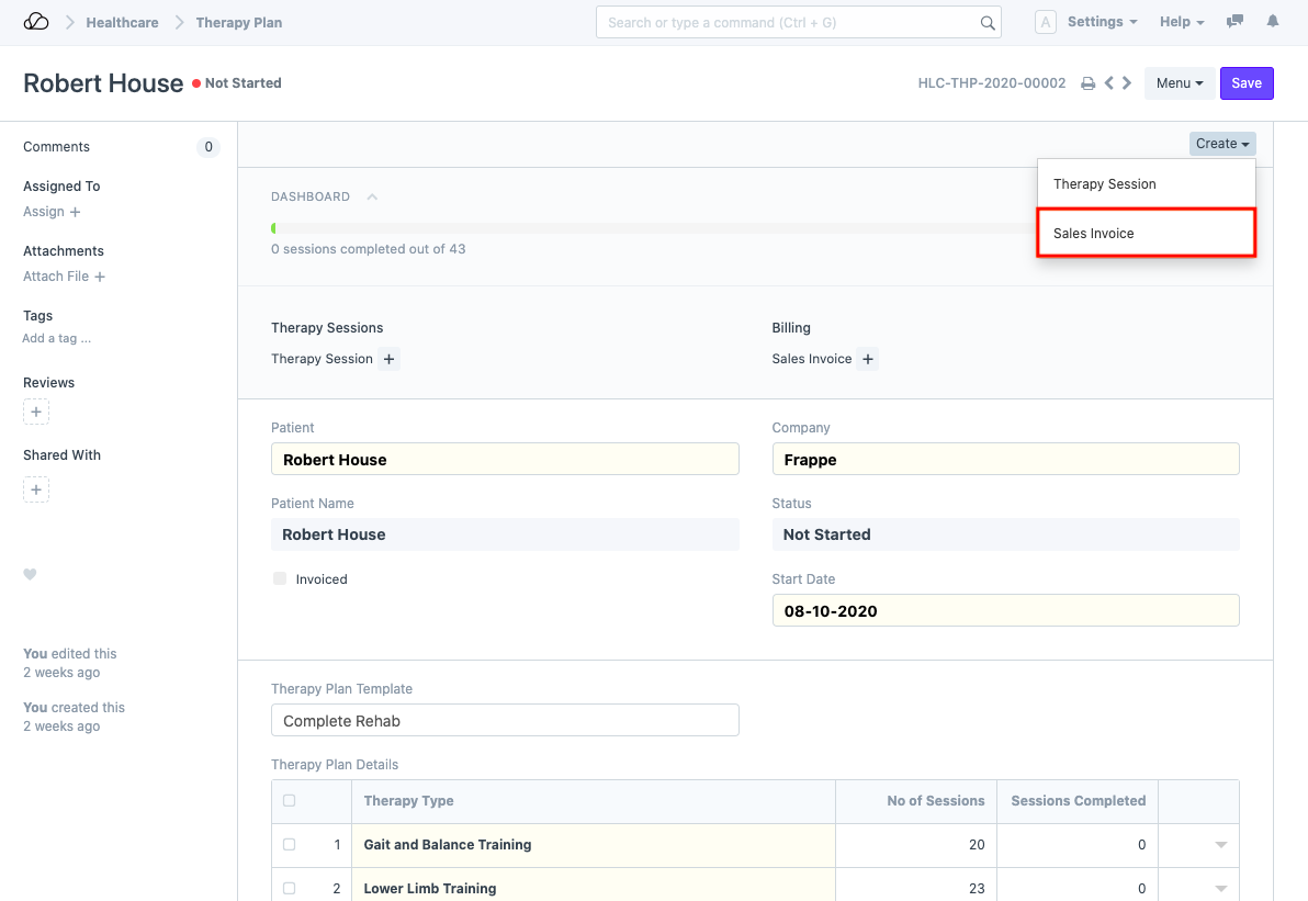 Sales Invoice from Therapy Plan
