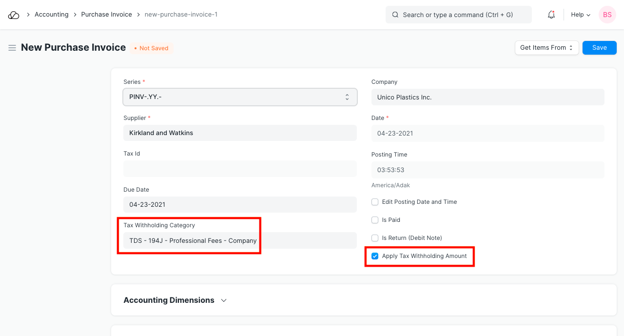 Tax Withholding Category in Purchase Invoice