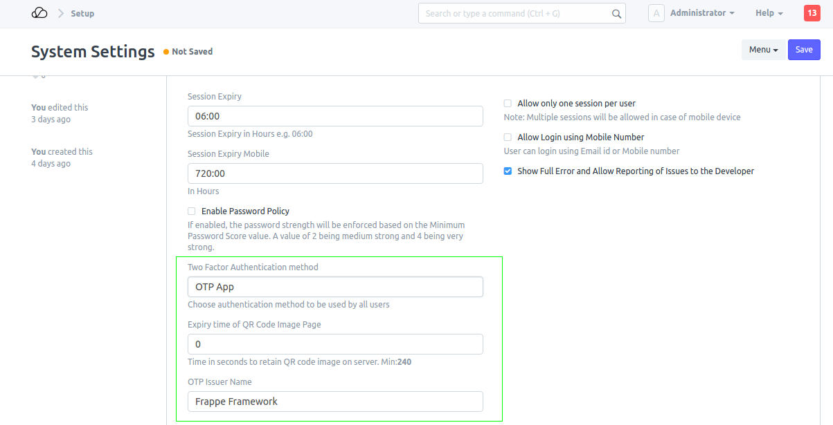 Enable Two Factor Auth